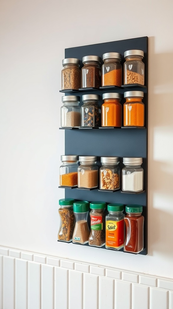 Magnetic spice rack with various jars and containers mounted on a wall.