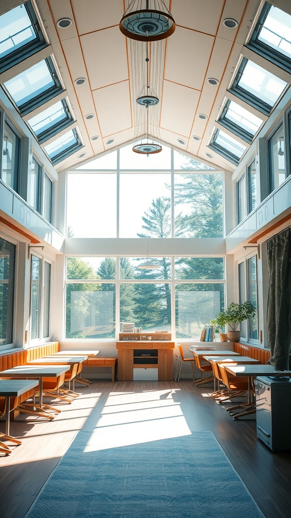 A bright cabin interior with large windows and skylights, showcasing natural light.