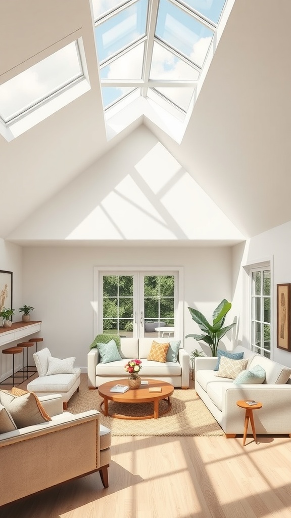 Cozy living room with half vaulted ceiling and skylights