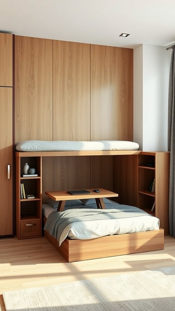 A modern bedroom with multi-functional furniture, featuring a bed that converts into a desk and storage.