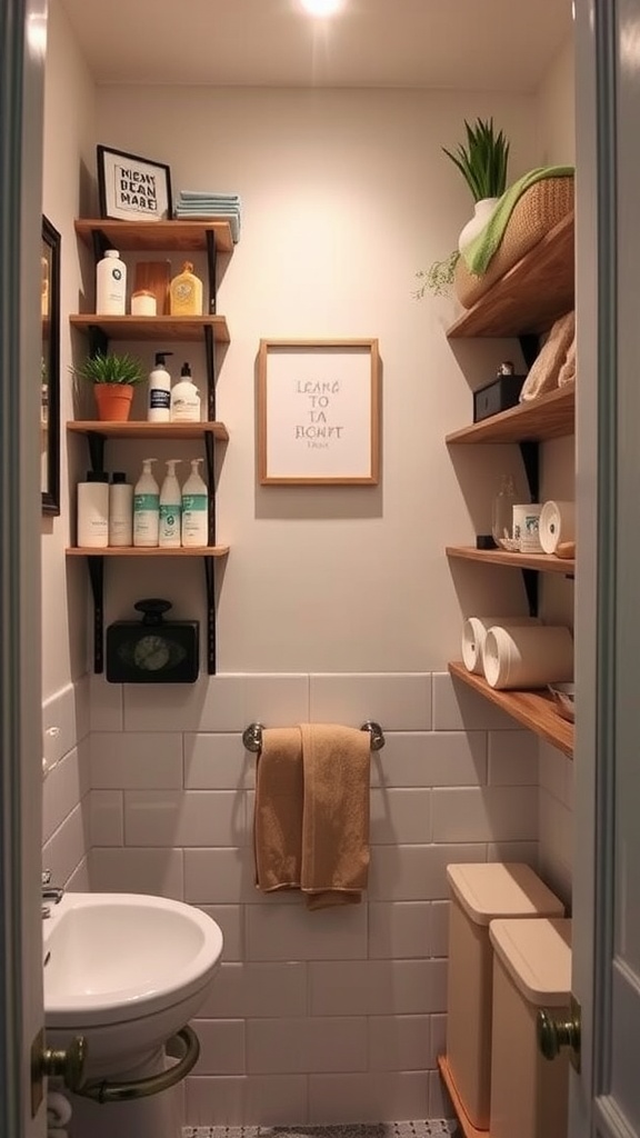 A small bathroom with vertical shelves for storage, featuring plants and neatly arranged toiletries.