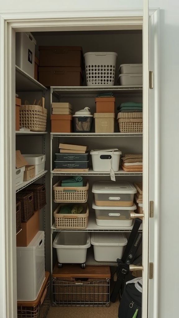 Organized small closet with shelves filled with various storage bins and baskets