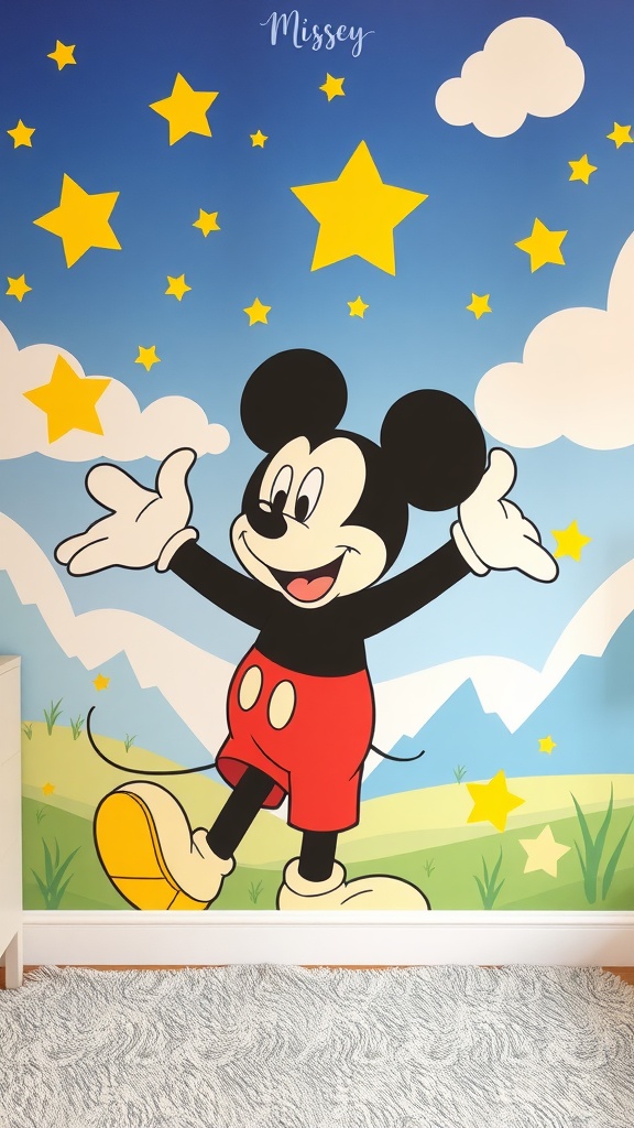 Mickey Mouse wall mural in a nursery with stars and clouds.