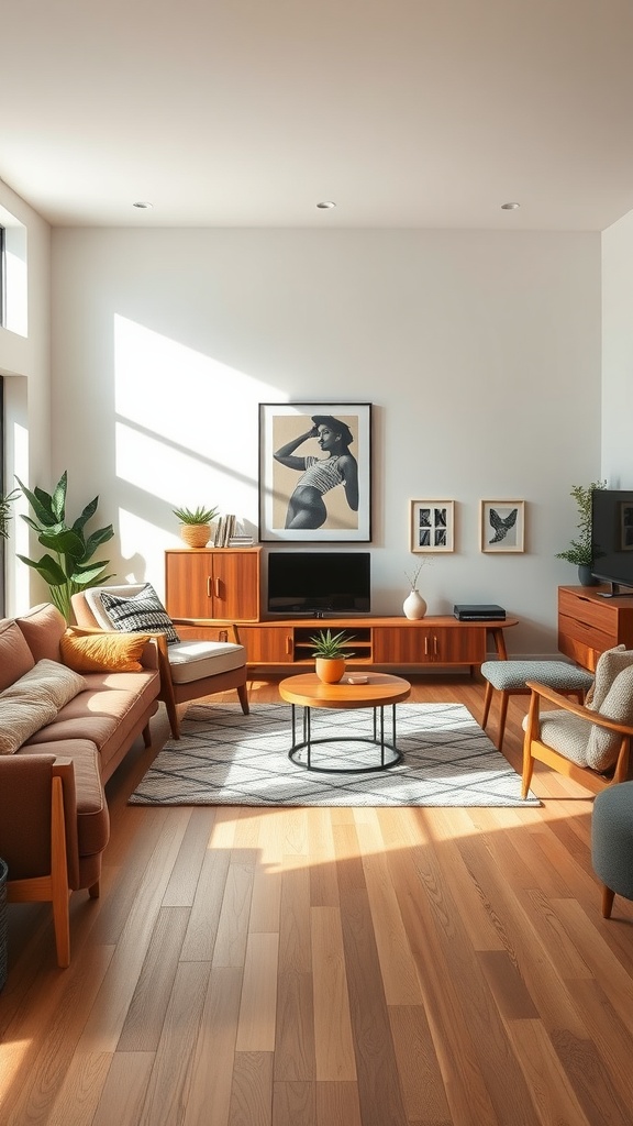 Cozy living room with mid-century modern furniture and natural elements