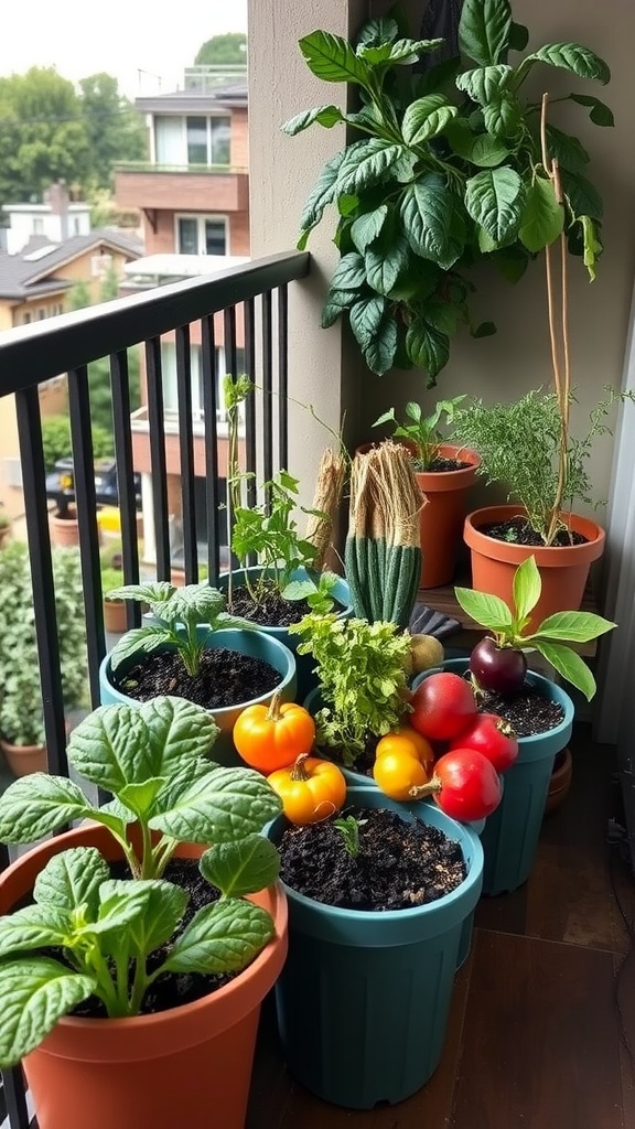 A balcony garden with various potted vegetables including tomatoes, peppers, and herbs.