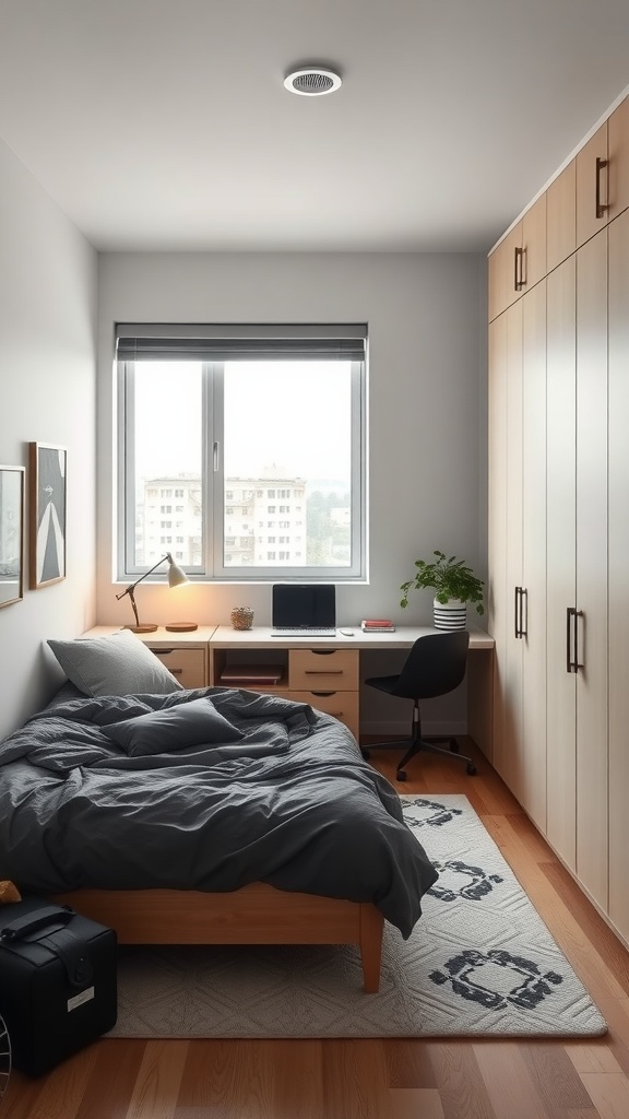 A minimalist bedroom with a bed, desk, and natural light, featuring a simple color palette and organized storage.