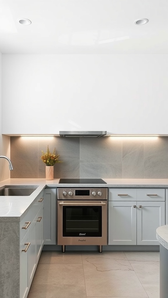 Modern kitchen with minimalist concrete countertops and soft-colored cabinetry