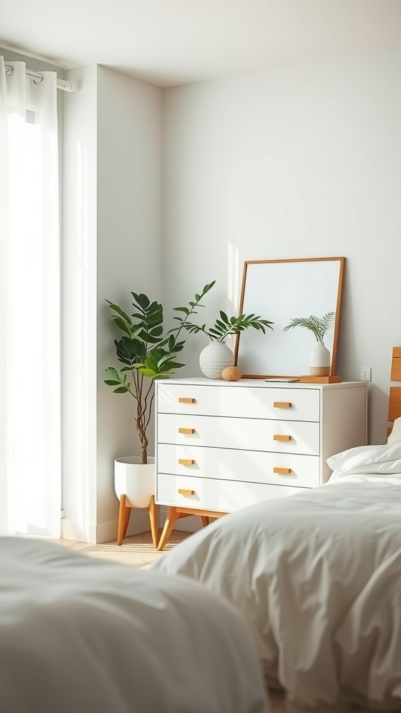 A bright bedroom featuring a minimalist Scandinavian dresser with wooden accents, a mirror, and a plant.