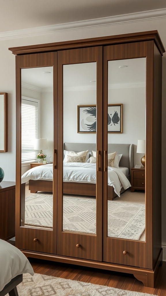 Mirror-fronted wardrobe dresser in a stylish bedroom.