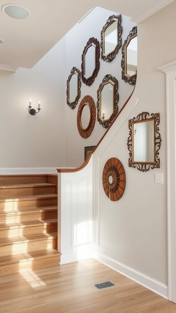 A well-decorated stairway wall featuring various stylish mirrors.