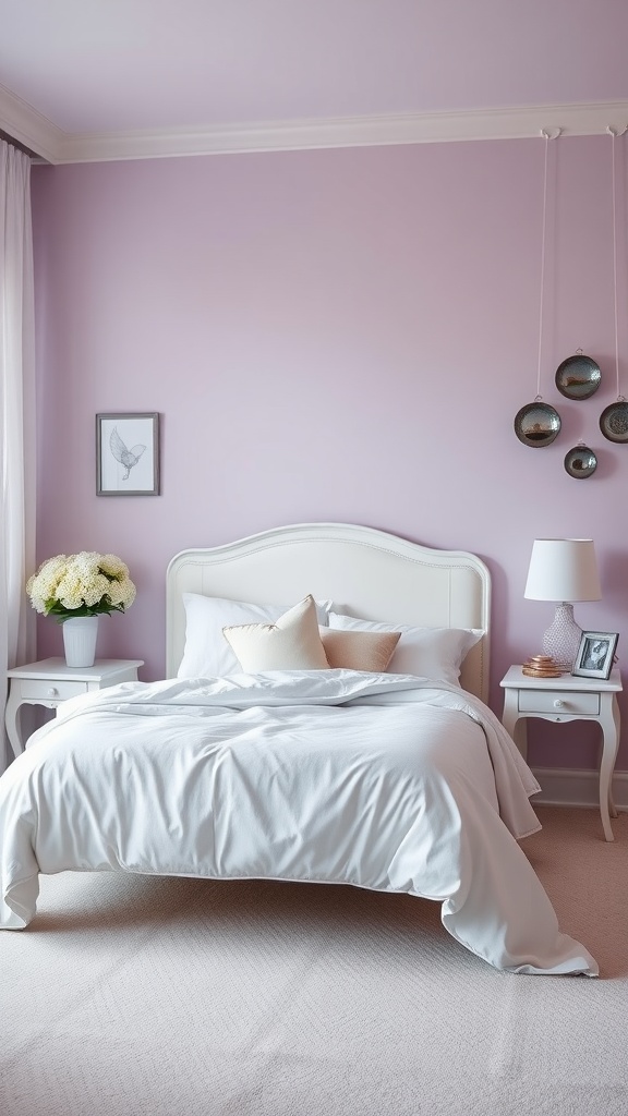 A bedroom with lavender walls, white bedding, and elegant decor.