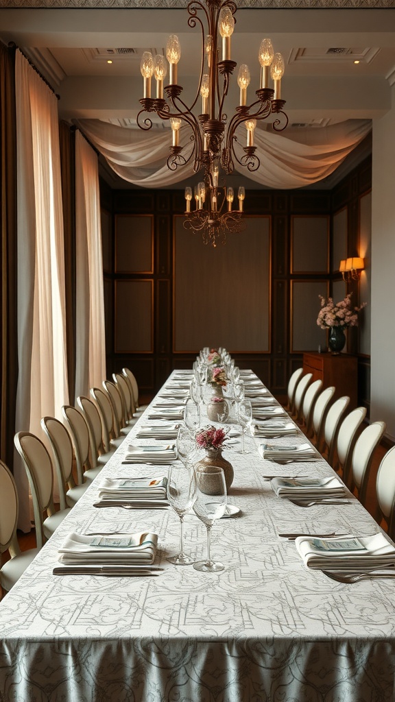 A beautifully set long table with a patterned tablecloth and elegant chairs.