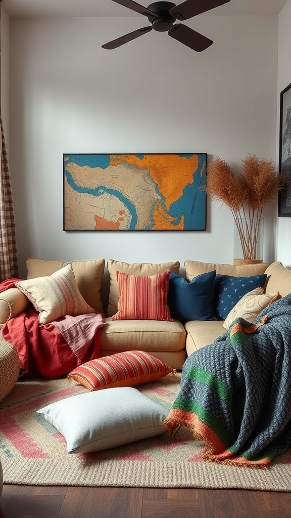 Cozy living room corner with colorful pillows and textured throws on a couch.