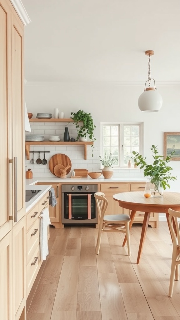 A modern country kitchen with light wood cabinetry, a round wooden table, and plants.