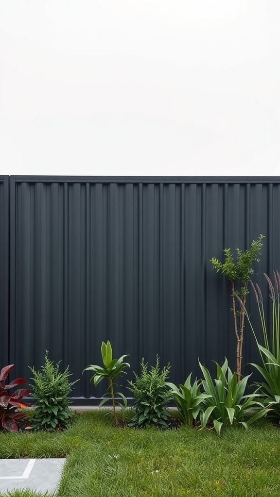 A modern metal fence with greenery in a backyard.