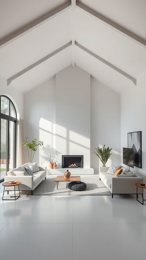 A modern living room with a half vaulted ceiling, minimalist furniture, and large windows allowing natural light.