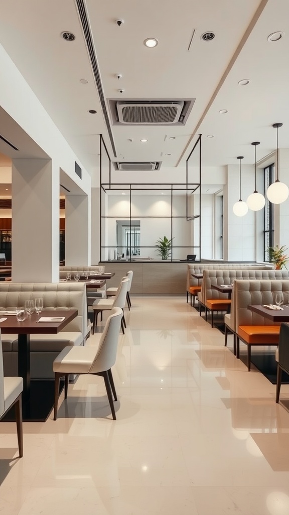 A modern restaurant interior featuring clean lines, minimalistic decor, and a spacious layout.