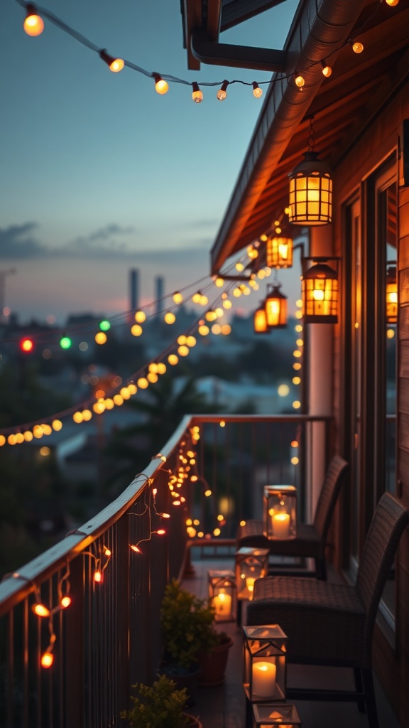 A beautifully lit balcony with string lights and lanterns at dusk, featuring comfortable seating and candles.