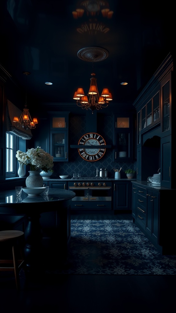 A dark kitchen featuring deep blue walls, elegant lighting, and stylish decor.