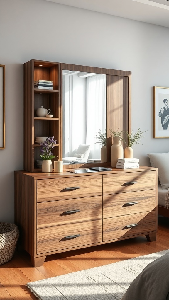 A stylish wooden dresser with six drawers and a mirror, accompanied by shelves displaying decorative items.