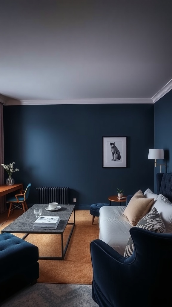 A living room featuring muted indigo walls, velvet furnishings, and a cozy layout.