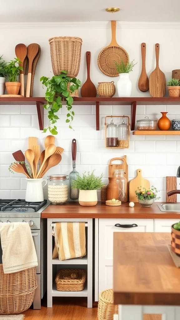 A rustic kitchen with wooden utensils and plants on display.