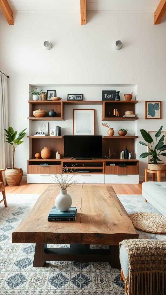 Modern boho living room featuring natural wood elements, including a wooden coffee table and shelves.