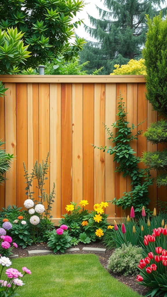 A beautiful natural wood privacy fence surrounded by colorful flowers and plants.