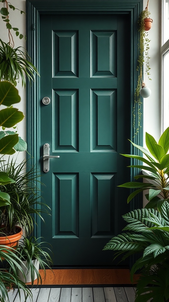 A deep green painted door surrounded by indoor plants.