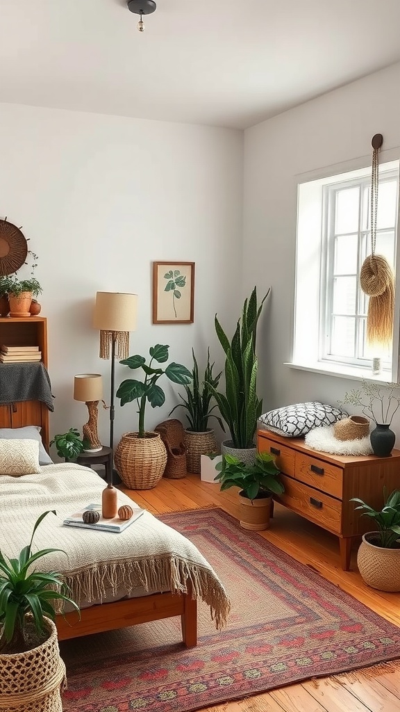 Cozy bedroom decorated with plants, wooden furniture, and warm textiles