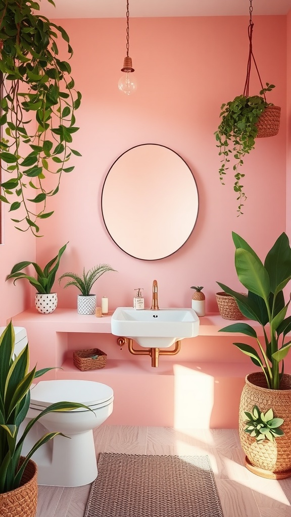 A modern pink bathroom with plants, a round mirror, and a stylish sink.