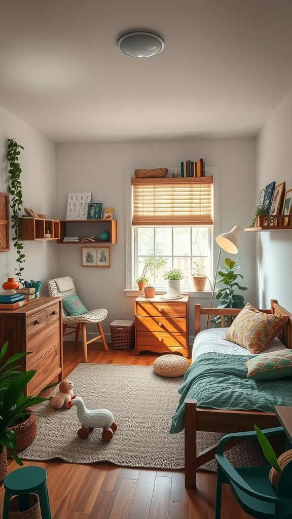 A cozy and stylish teen boy bedroom featuring natural elements, warm wood tones, and plants.