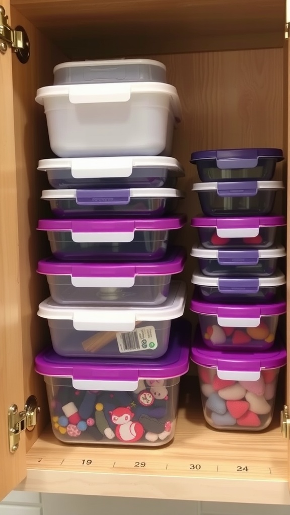 A neatly organized set of nesting storage containers in a kitchen cabinet.