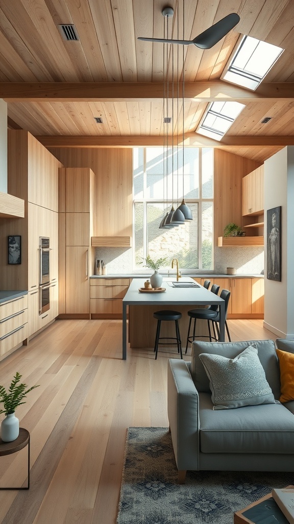 A bright and airy open concept kitchen with light wood cabinetry and a cozy living area.