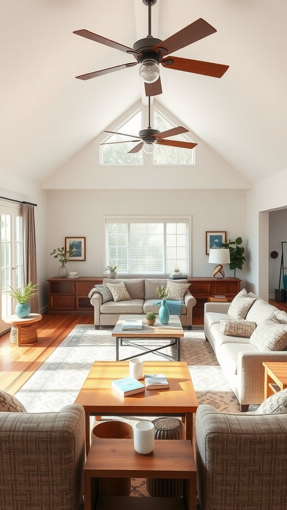 A spacious living room with high ceilings, two cozy sofas, wooden furniture, and large windows letting in natural light.