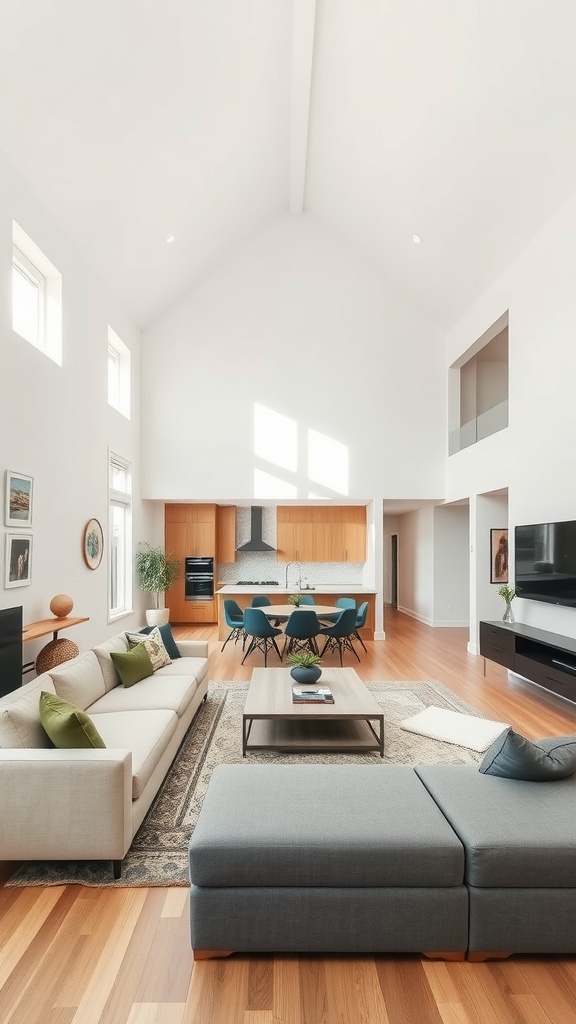 A spacious living room featuring a half vaulted ceiling with a cozy seating area and an open kitchen.