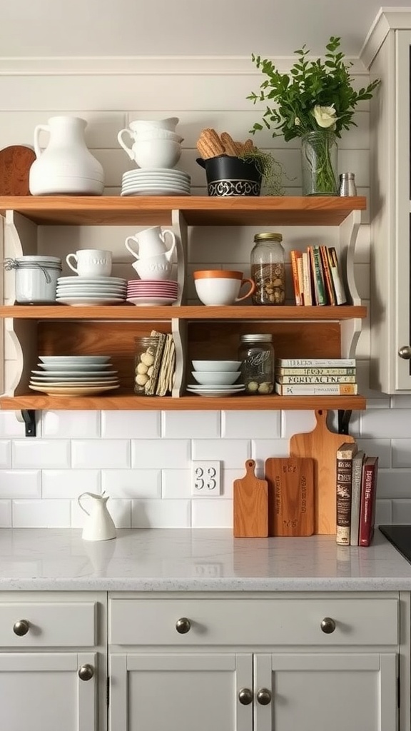 Farm style kitchen with open shelving displaying dishes and rustic décor.