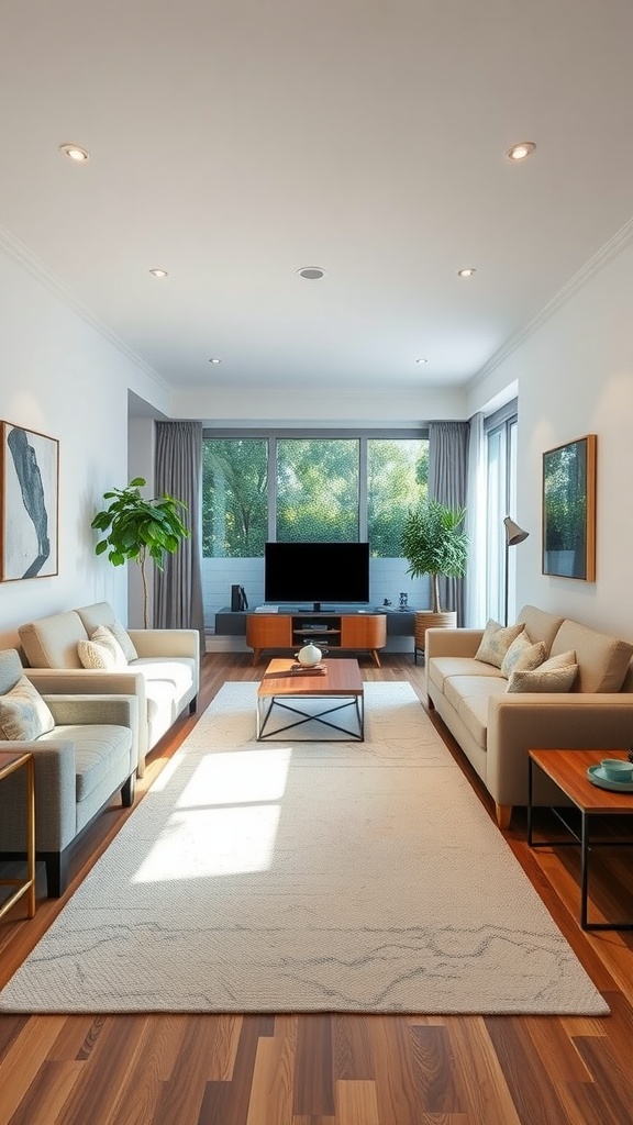 Living room with a long rectangular layout featuring two sofas, a coffee table, and large windows