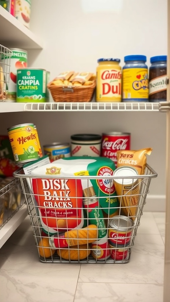 A wire basket filled with snacks and groceries in a neatly organized pantry.