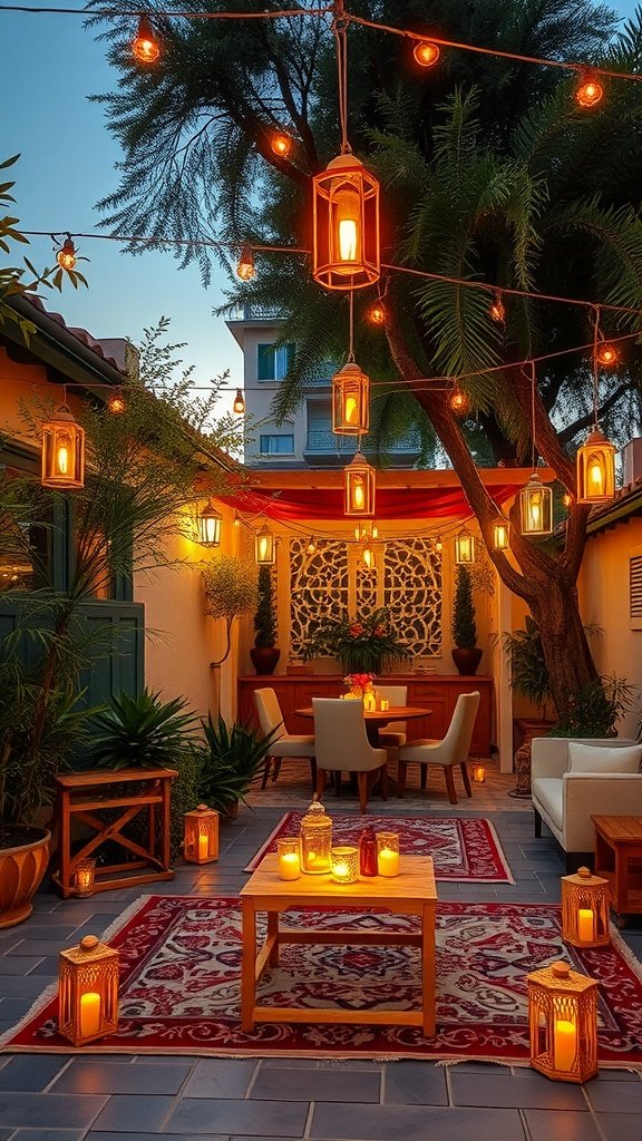 A warm and inviting outdoor setting for iftar gatherings with lights and lanterns.