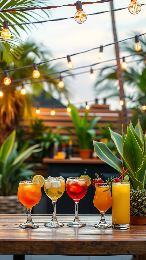 Outdoor patio bar with colorful cocktails and string lights