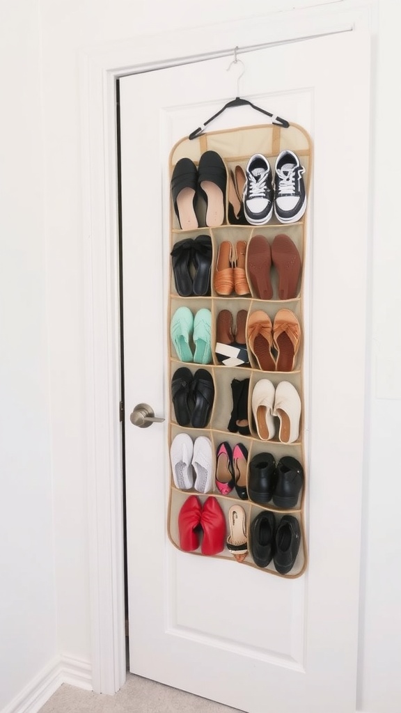 Over-the-door shoe organizer hanging on a door with various pairs of shoes arranged in pockets