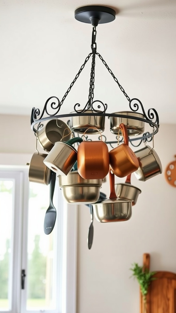 A stylish overhead pot rack holding various pots and utensils in a kitchen.