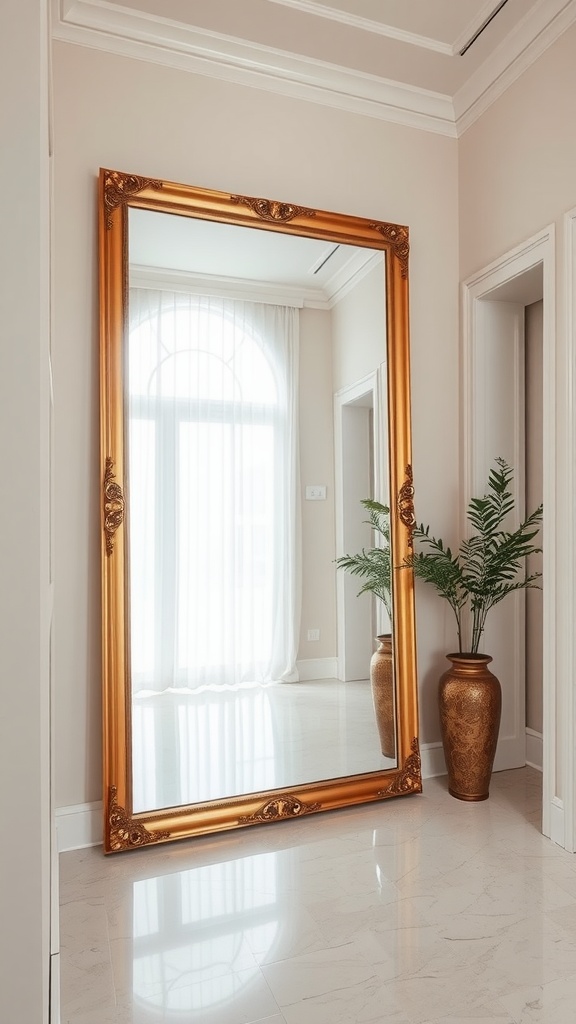 An oversized ornate mirror with a golden frame reflecting light in a spacious interior.