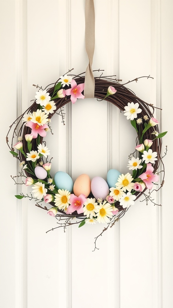 A pastel egg and flower wreath hanging on a door.