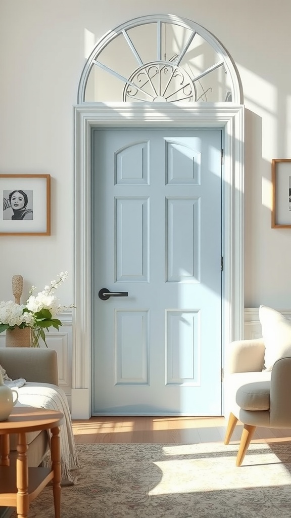 A soft blue painted door with light streaming in, creating a warm atmosphere.