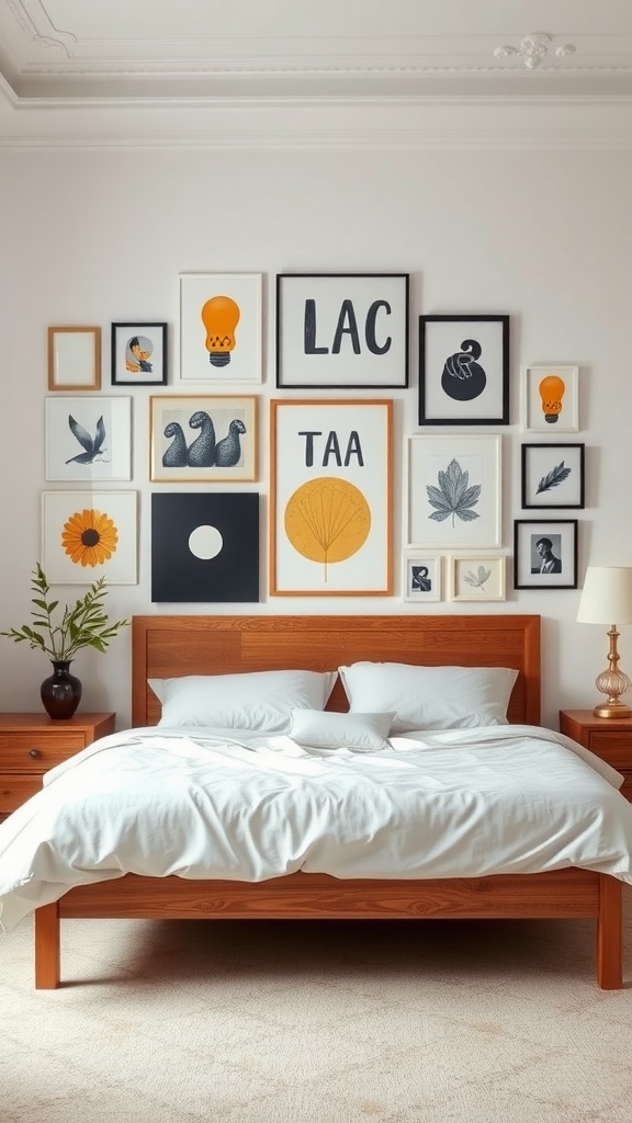 A cozy bedroom featuring a wooden bed, white bedding, and a wall decorated with various framed artworks in different styles and colors.