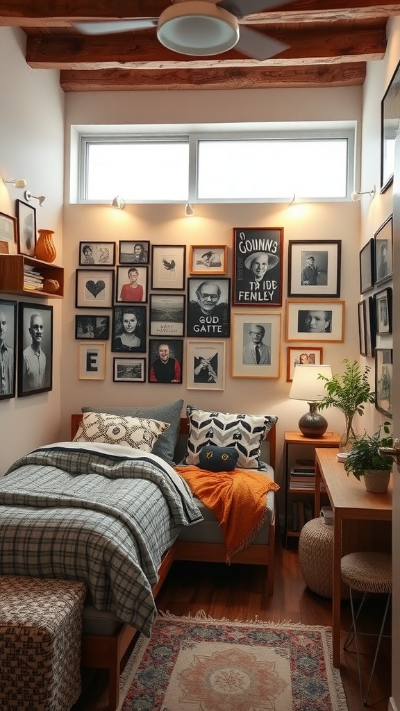 A cozy and stylish tiny bedroom with a gallery wall of framed photos, a neatly made bed, and decorative pillows.