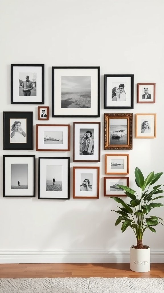 A stylish gallery wall featuring black and white photographs in various frames, alongside a green plant.