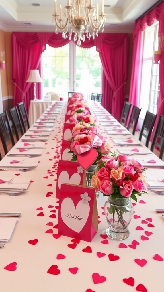 A beautifully set dining table with pink decor, heart-shaped confetti, and personalized gift favors.